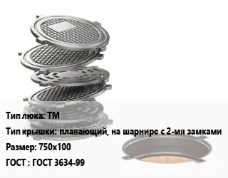 Люк чугунный ТМ плавающий, на шарнире с 2-мя замками 750х100 ГОСТ: ГОСТ 3634-99